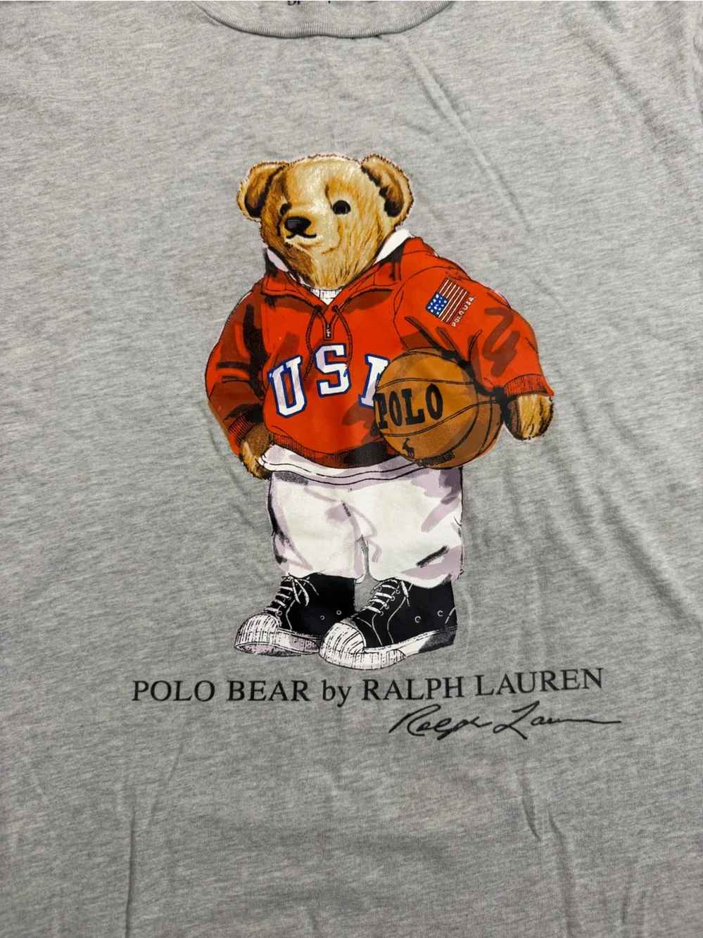 Ralph Lauren Polo Bear Graphic Tee - Gray with Red Accent. Boys Size 14/16 Large